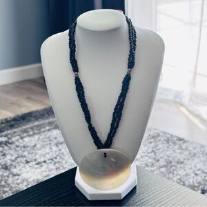 Black Seed Bead Necklace Large Shell Pendant Boho Statement Jewelry
